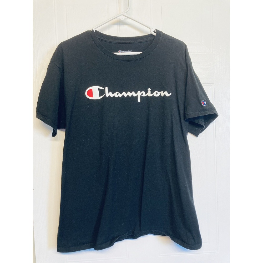 Champion T-Shirt Mens Large Black Script Logo Graphic‎ Tee Athleticwear - Picture 1 of 5